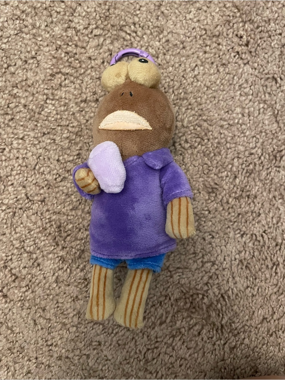 Plush Kids Stuffed Animal in Purple Shirt and Blue Shorts